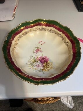 Decorative Floral Porcelain Serving Bowl - Green, Burgundy, Cream with Gold Trim